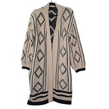 Lumiere Boho Long Cardigan Sweater Open Front Diamond Pattern Medium