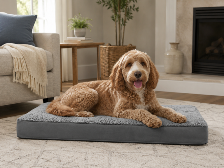 Cozy dog lounging on a soft bed in a modern living room, surrounded by stylish decor and natural light. Perfect pet comfort and home aesthetics.