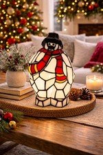 Snowman Tiffany Style Stained Glass Accent Nite Lamp VTG Christmas Decor 10” EUC