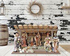 Vintage (11) Piece Porcelain Nativity Set With Large Hay Covered Wooden Stable