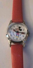Vintage 1970s Mickey Mouse Watch Bradley Time Swiss Red Band Silver Disney Pouch