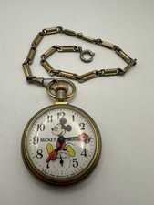 Vintage Bradley Mickey Mouse Pocket Watch - Working - Train Back - 1970s Disney