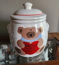 Vintage Ceramic Cookie Jar with Teddy Bear Holding "Baked with Love" Heart" 10"