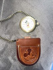 Vintage Disney Mickey Mouse Pocket Watch With Chain & Leather Case. Quartz