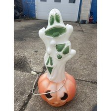 Vintage General Foam 23" Lighted Blow Mold Jack O Lantern Stacked Ghosts Works