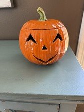Vintage Halloween Ceramic Glazed Jack O Lantern Pumpkin with Lid