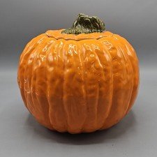 Vintage Large Ceramic Pumpkin Cookie Jar w Lid Autumn Halloween Green Stem