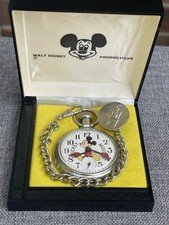 Vintage Mickey Mouse Pocket Watch USA Walt Disney Productions w/Chain & Box Runs