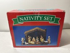 Vintage Nativity Set with 11 Hand Painted Porcelain Figures & Wood Manger Stable