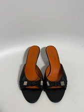 Vtg Gucci Black Leather Logo Sandal Heels 37.5