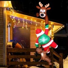 7.5FT Hanging Christmas Inflatables, Climbing Santa w/ Dog Reindeer Blow Up Roof