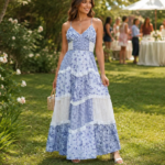 Woman in a floral maxi dress stands in a garden setting with tables and guests, showcasing a stylish summer look surrounded by blooming roses.