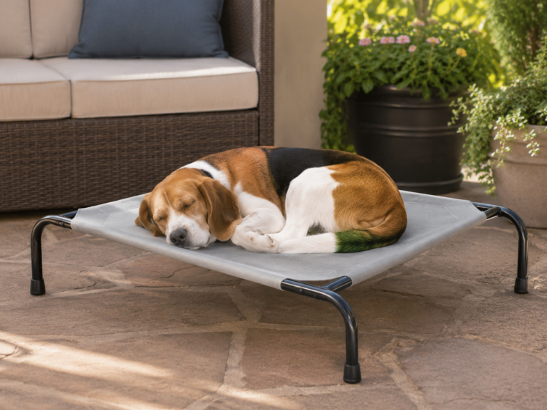 Beagle sleeping comfortably on a raised dog bed in a cozy outdoor setting, surrounded by plants and a stylish patio.