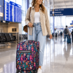 Young woman at the airport with a colorful suitcase, wearing casual attire, smiling as she walks past departure screens and seating areas.
