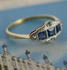 Art Deco Vintage Style Sapphire Lab Created Diamond 14K Gold FN Engagement Ring