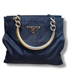 Authentic Prada Vintage Black Nylon Metal Handle HandBag Triangle Logo
