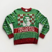 Elf Christmas Ugly Sweater XL Green Red OMG Santa I Know Him Funny Holiday Knit