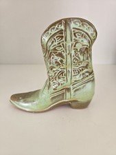 FRANKOMA POTTERY # 134 PRAIRIE GREEN COWBOY BOOT VASE STAND 4.75 " TALL