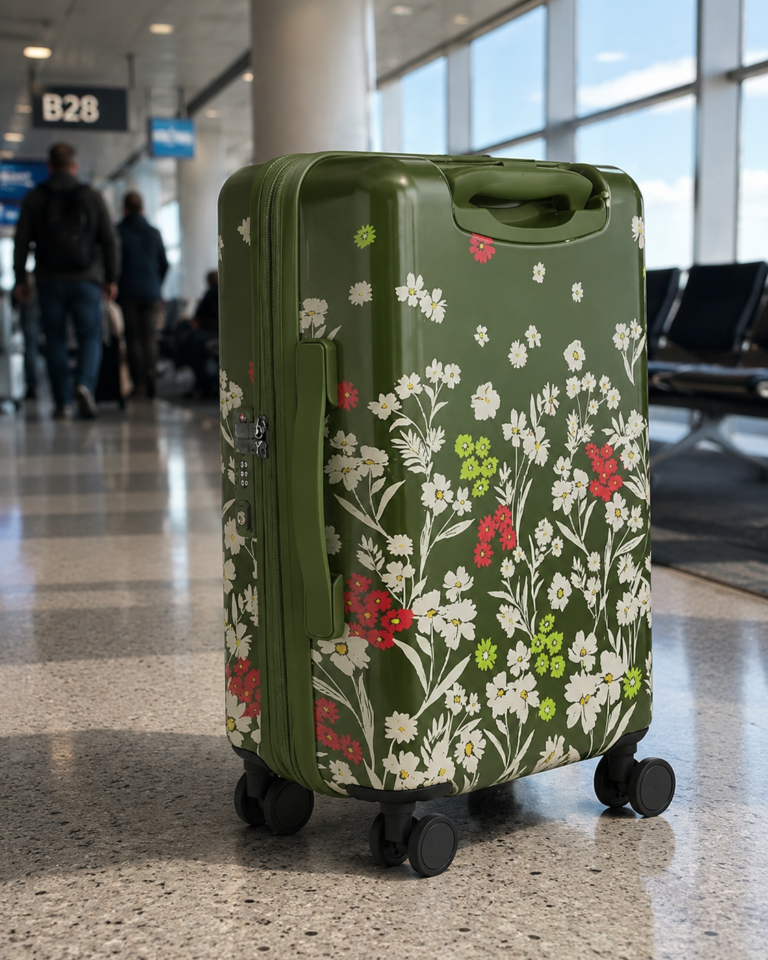 Colorful floral suitcase on wheels in an airport terminal with travelers in the background, showcasing stylish travel accessories for modern adventurers.