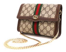 GUCCI VINTAGE GG Supreme Shoulder Bag Web Stripe Brown Small Classic Authentic