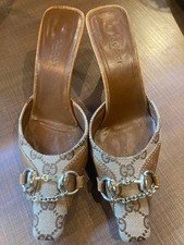 GUCCI Vintage Horsebit Mules GG Canvas Heels Brown Beige US 4 Approx. 21cm