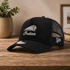 Indian Motorcycle Black Embroidered Trucker Hat Mesh Back Adjustable Biker Cap