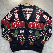 Mens Ugly Christmas Cardigan Sweater L Black Reindeer Santa Holiday Party