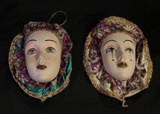 PAIRb Porcelain Mardi Gras Jester Porcelain Mask/Wall Hanging App 6"x5" VTG