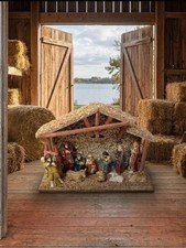 Vintage (11) Piece Fine Porcelain Nativity Set With Moss Covered Wooden Stable