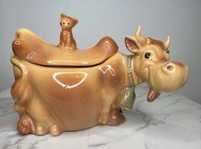 Vintage 1950s Brush McCoy Elsie Cow & Winking Cat Lidded Cookie Pottery Jar W10