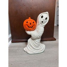 Vintage Ceramic Ghost Holding Pumpkin Halloween Decor Crackle Glaze 12"