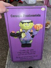 Vintage Frankenstein 10 Piece Halloween Cookie Jar Salt Pepper Spoon Set In Box