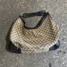 Vintage Gucci Monogram Handbag Hobo Shoulder Bag Brown Canvas Preowned READ