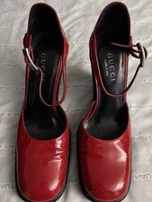 Vintage Gucci red patent leather ankle strap Wedge Pumps, Made In Italy,size 7