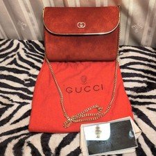Vintage GUCCI Red Suede Mini Shoulder Gold Chain (with Mirror) Gift Present 0614