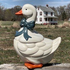 Vintage Mother Goose Ceramic Cookie Jar 13.5” tall Blue Bow Farmhouse Duck Decor