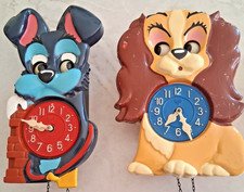 VINTAGE RARE DUO MI-KEN WALT DISNEY LADY AND THE TRAMP MOVING EYE CUCKOO CLOCKS