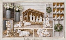VTG (12) Piece White W/ Gold Trim Fine Porcelain Nativity Set W/ Large Stable