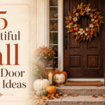 Welcoming front door adorned with a seasonal wreath, pumpkins, and vibrant flowers, showcasing Beautiful Fall Front Door Decor Ideas for autumn charm.