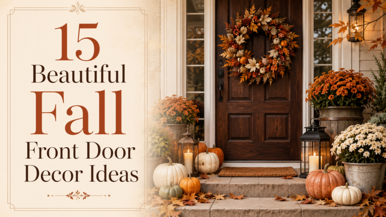 Welcoming front door adorned with a seasonal wreath, pumpkins, and vibrant flowers, showcasing Beautiful Fall Front Door Decor Ideas for autumn charm.