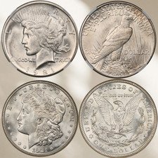 2 Coins,1921 Year, Peace Dollar + Morgan Dollar, 90% Silver $1 U.S Coin