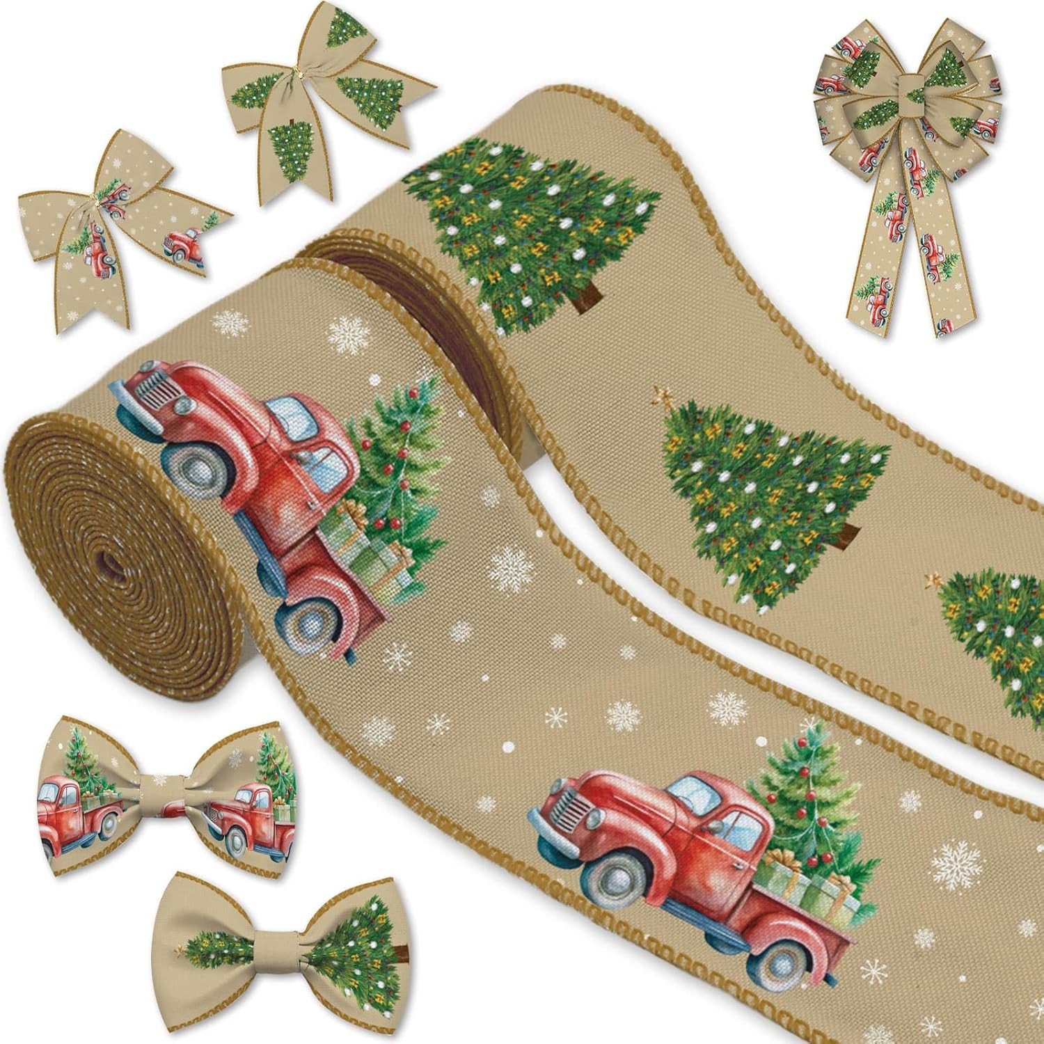 2 Rolls Vintage Christmas Ribbon Set -2.56" X 5 Yards Each - Truck with Christma