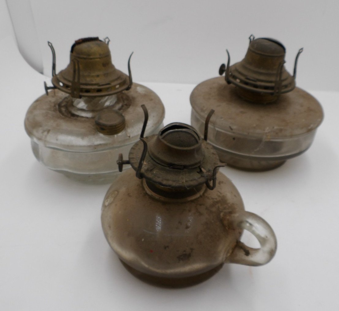 3 Old Glass Oil Lamps, Some Damage and Very Dirty