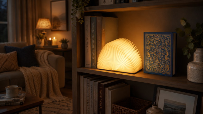 Cozy bookshelf scene featuring a unique book-shaped lamp, ideal for enhancing reading spaces—perfect for the best book lovers gift ideas.