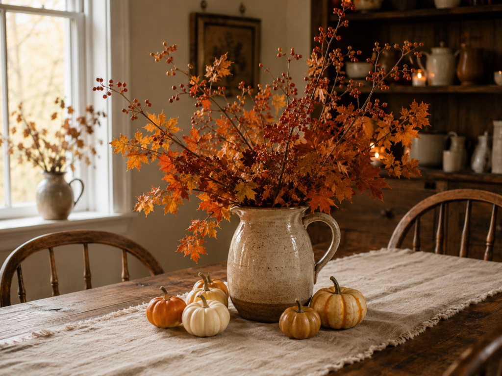 Autumn table centerpiece featuring a rustic pitcher filled with colorful leaves and small pumpkins, enhancing fall decor in a cozy dining setting.