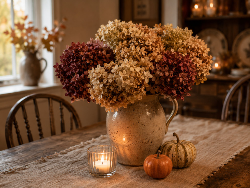Autumn centerpiece featuring a rustic vase of dried hydrangeas, a candle, and small pumpkins on a wooden table, perfect for fall decor inspiration.