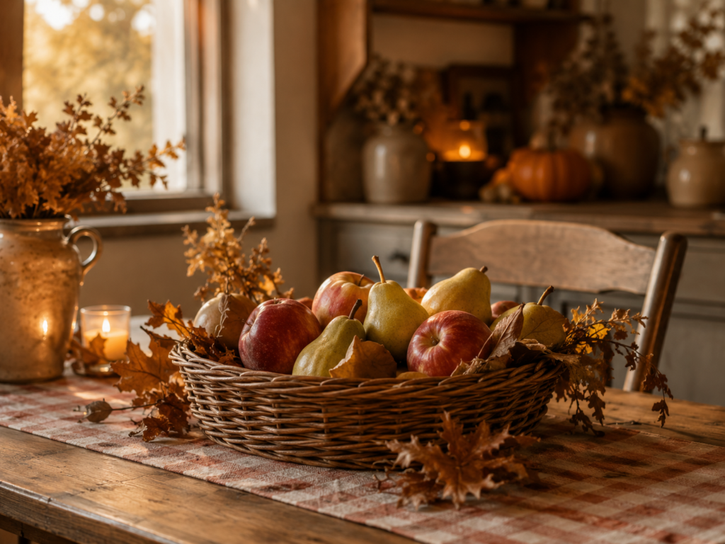 Autumn table centerpiece featuring a woven basket filled with colorful apples and pears, surrounded by leaves and candlelight for a cozy seasonal decor.