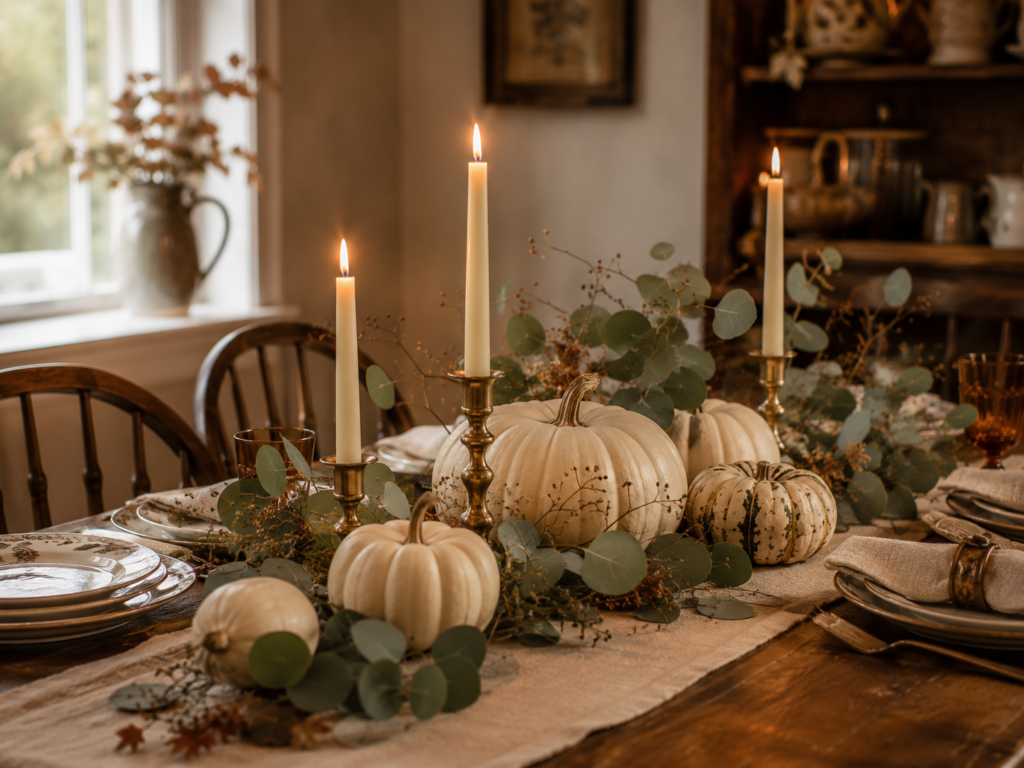 Elegant fall table centerpiece featuring white pumpkins, greenery, and candles, perfect for autumn dining decor inspiration.