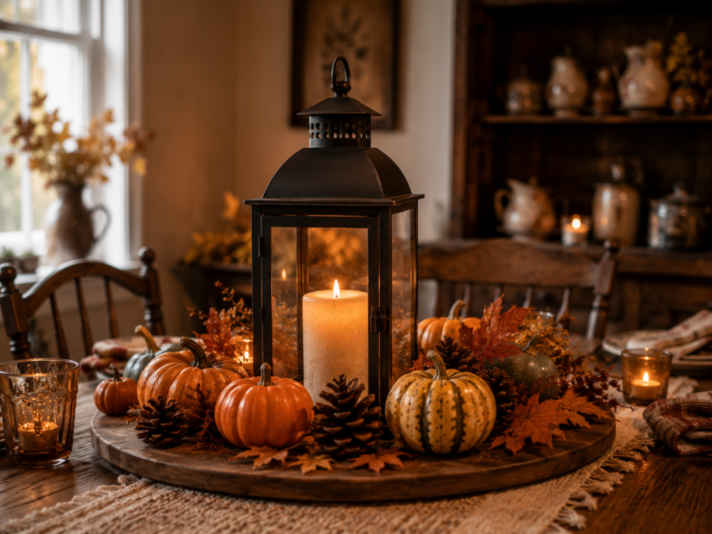 Autumn table centerpiece featuring a lantern, candles, pumpkins, and pinecones, creating a warm and inviting fall atmosphere for seasonal gatherings.