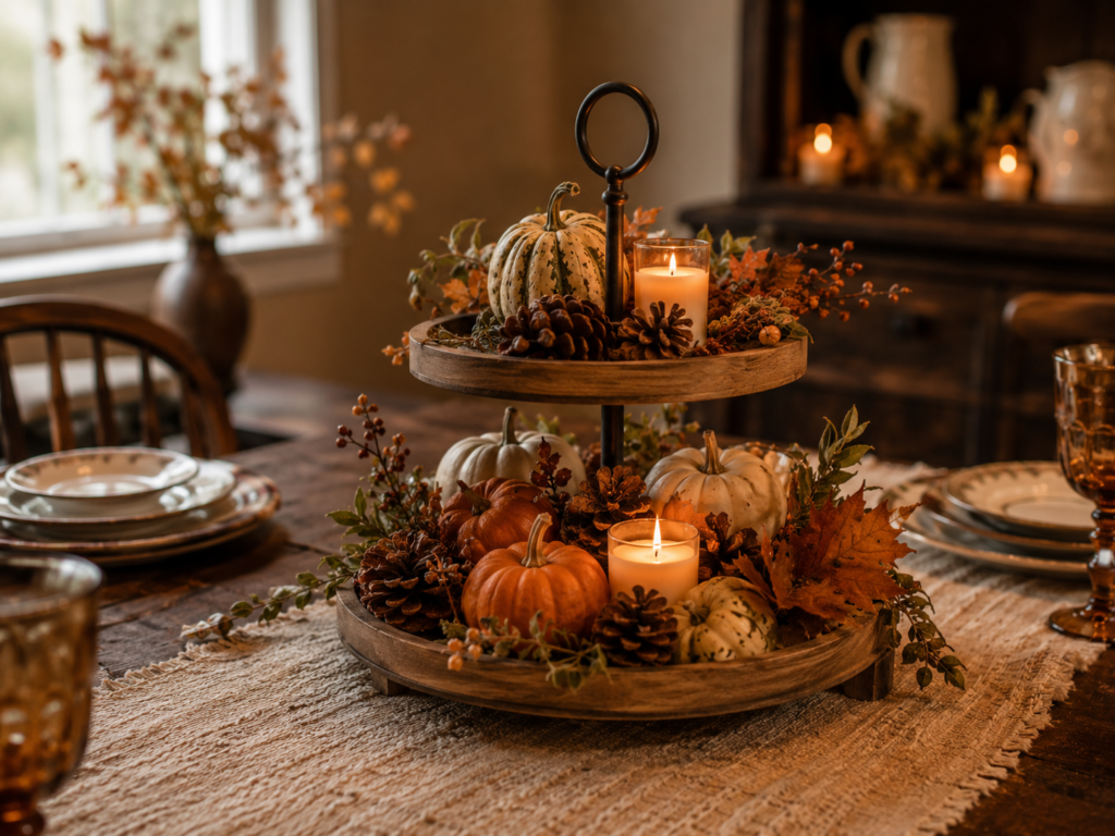 Two-tiered fall centerpiece featuring pumpkins, pinecones, and candles, perfect for autumn dining decor on a rustic table setting.